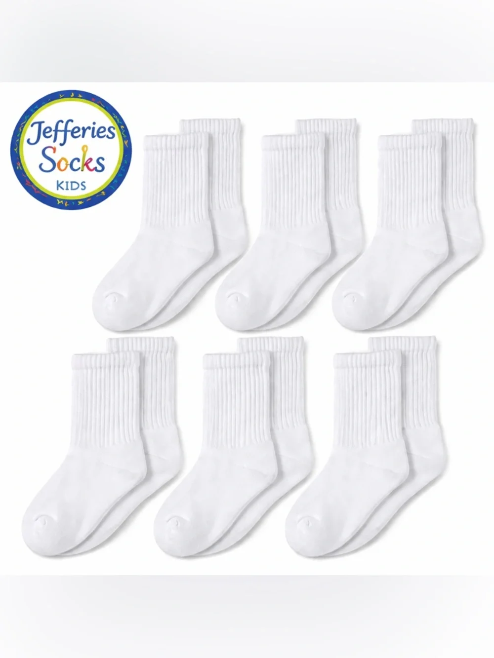 Jefferies Kids Crew Socks White Size Small 7-8.5 (Shoe 9-1) Seamless Toe 6 Pair